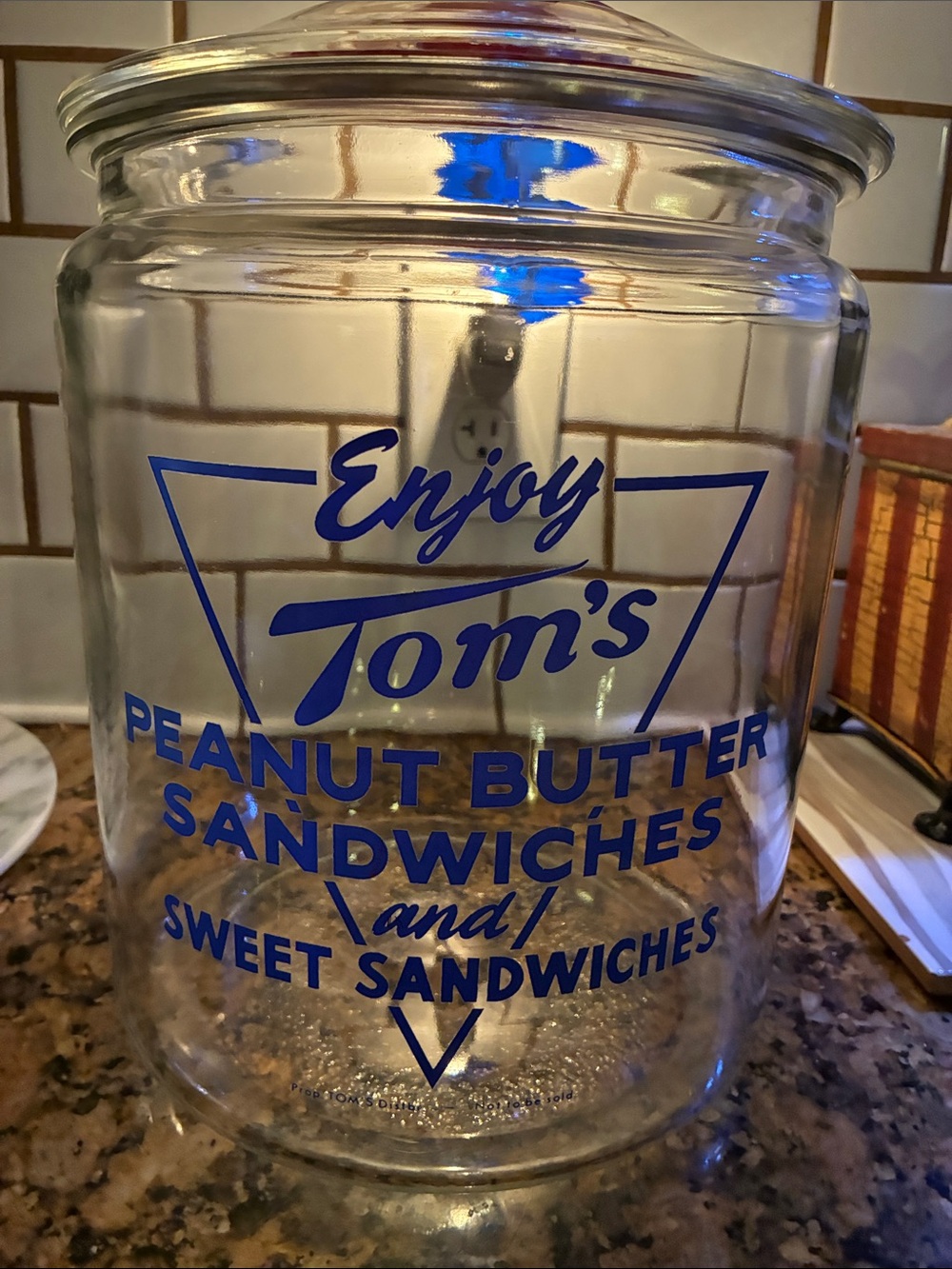 Toms Blue Glass Cookie Jar - Enjoy Toms Peanut Butter Sandwiches